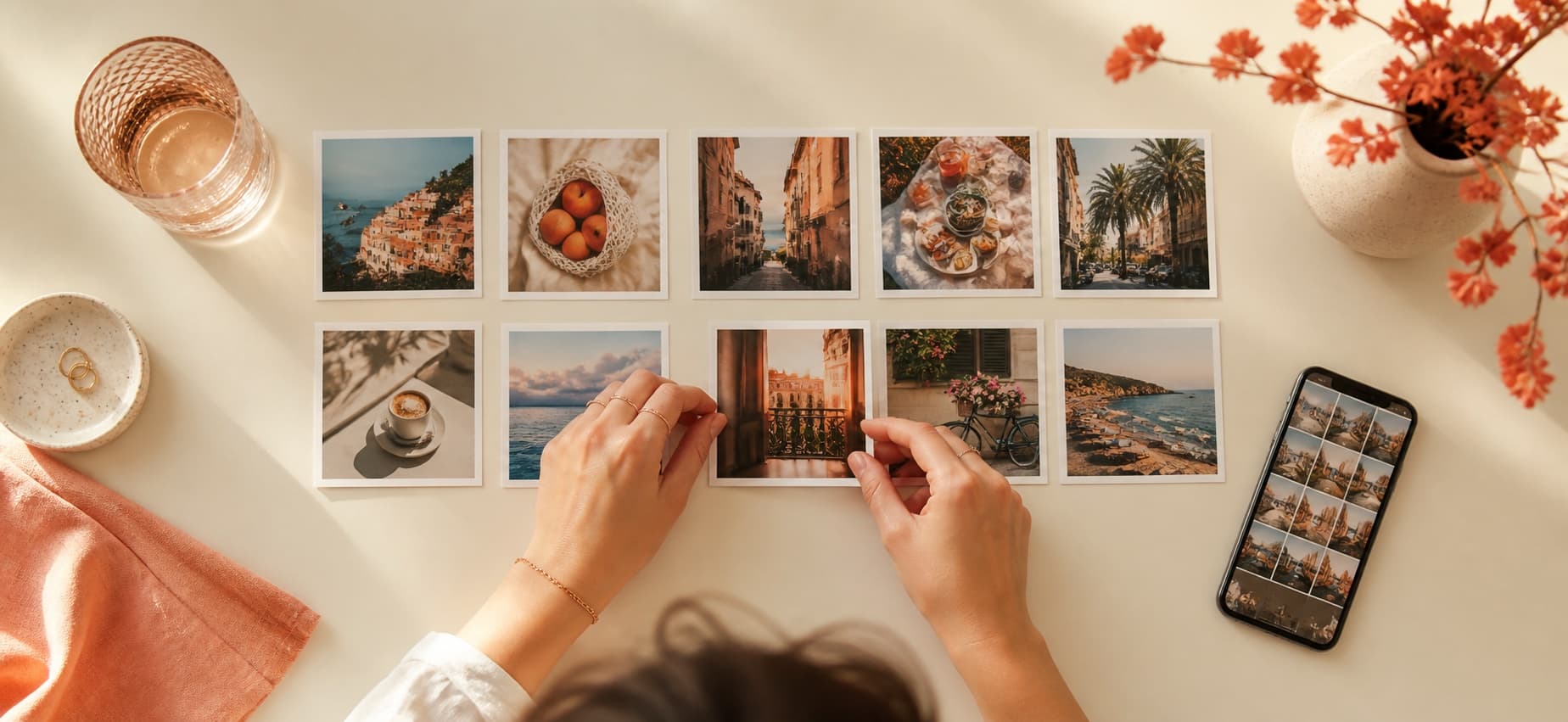 A creator arranging ten travel and lifestyle photos into a carousel beside a smartphone