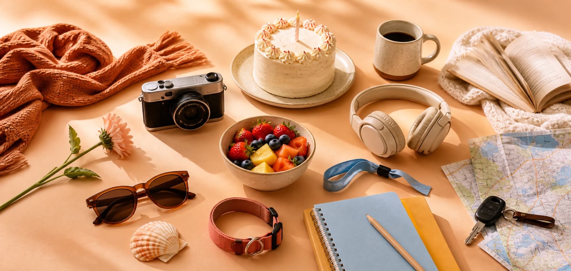 A colorful still life of travel, birthday, concert, food, pet, study, and cozy-season objects