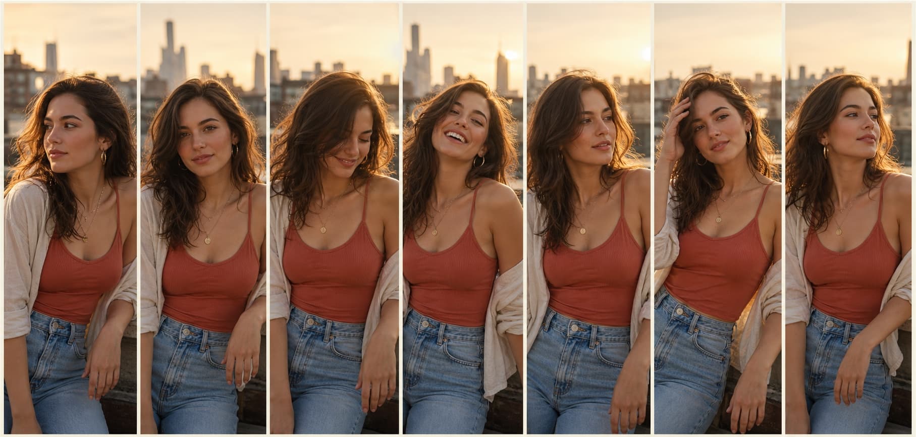 Seven similar golden-hour portraits showing subtle changes in expression and pose